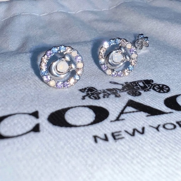 NEW COACH Signature Multicolor Crystal Stud Earrings In Silver / Blue - Picture 8 of 11